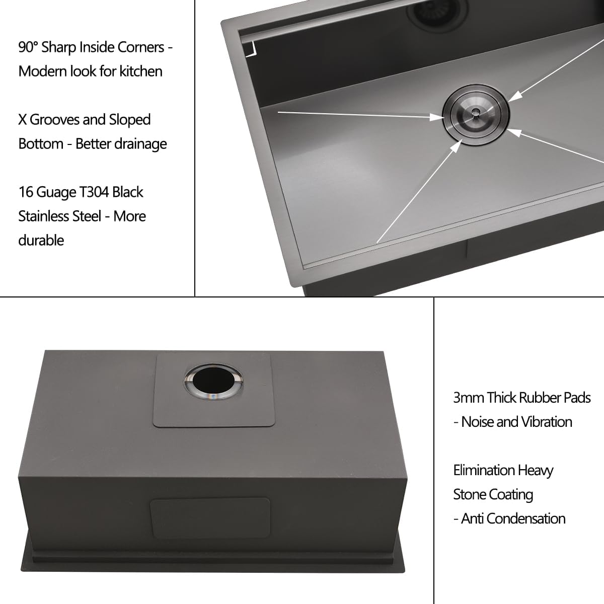 32 Black Undermount Workstation Kitchen Sink, 32x19 Inches 16 Gauge Gunmetal Black Stainless Steel Undermount Workstation Kitchen Sink