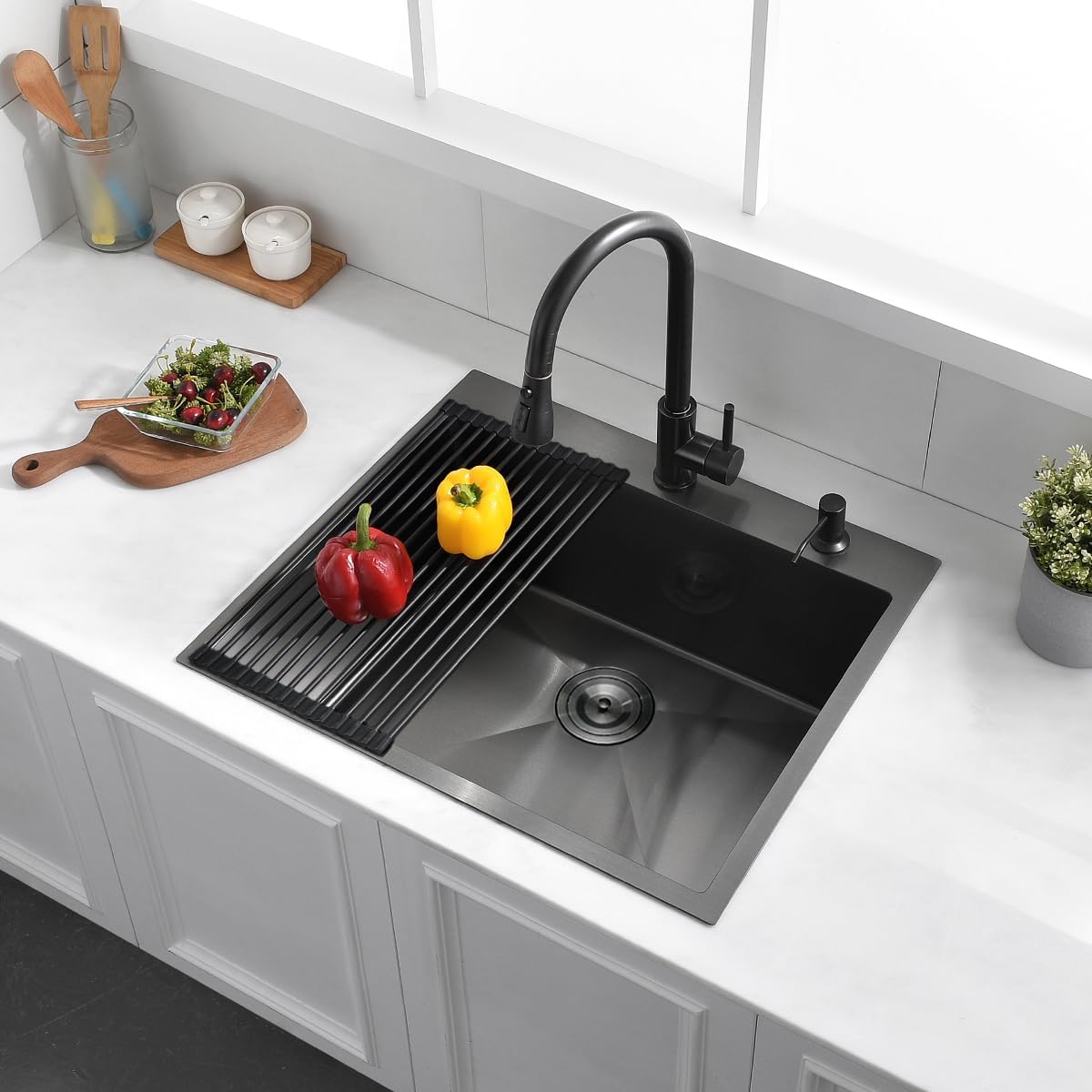25 Black Drop In Kitchen Sink, 25x22x10 Inches 16 Gauge Nano Black Stainless Steel Top mount Single Bowl Kitchen Sink
