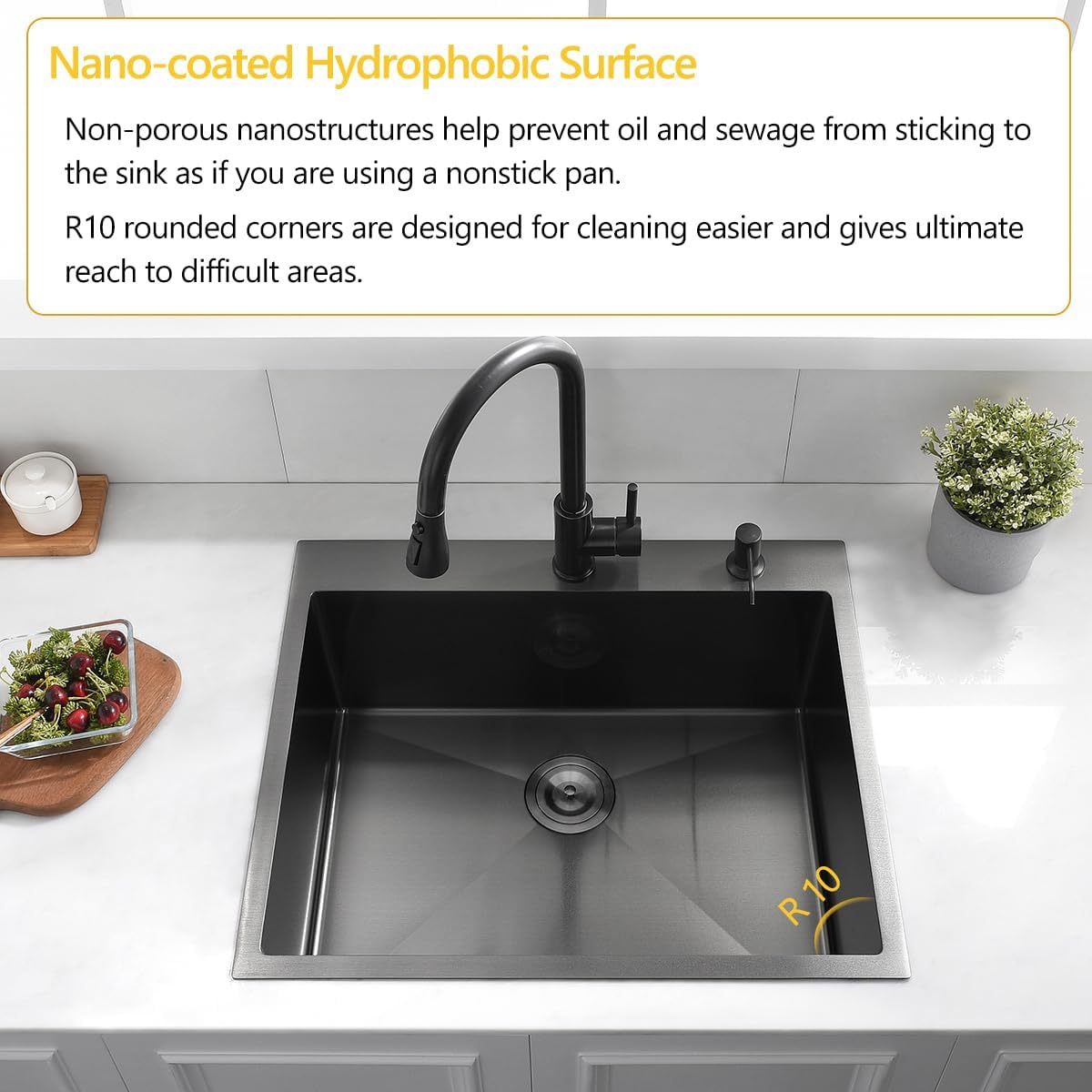 25 Black Drop In Kitchen Sink, 25x22x10 Inches 16 Gauge Nano Black Stainless Steel Top mount Single Bowl Kitchen Sink