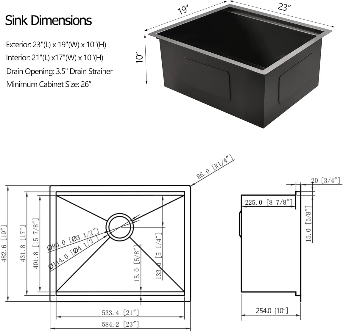 23 Gunmetal Black Stainless Steel Undermount Kitchen Sink, 16 Gauge Deep Gunmetal Black Stainless Steel Undermount Workstation Kitchen Sink