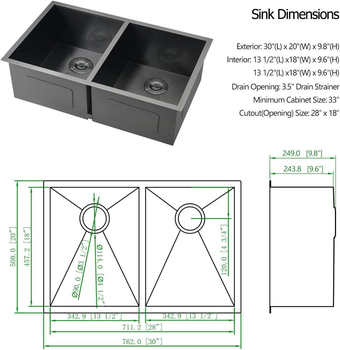30 Black Stainless Steel Undermount Double Bowl Kitchen Sink, 30x20x9.8 Inch Nano Back Stainless Steel Undermount Double Bowl Kitchen Sink with Accessories