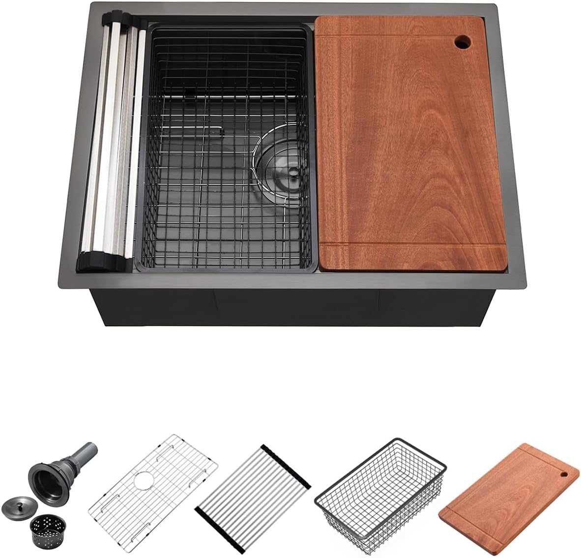 23 Gunmetal Black Stainless Steel Undermount Kitchen Sink, 16 Gauge Deep Gunmetal Black Stainless Steel Undermount Workstation Kitchen Sink