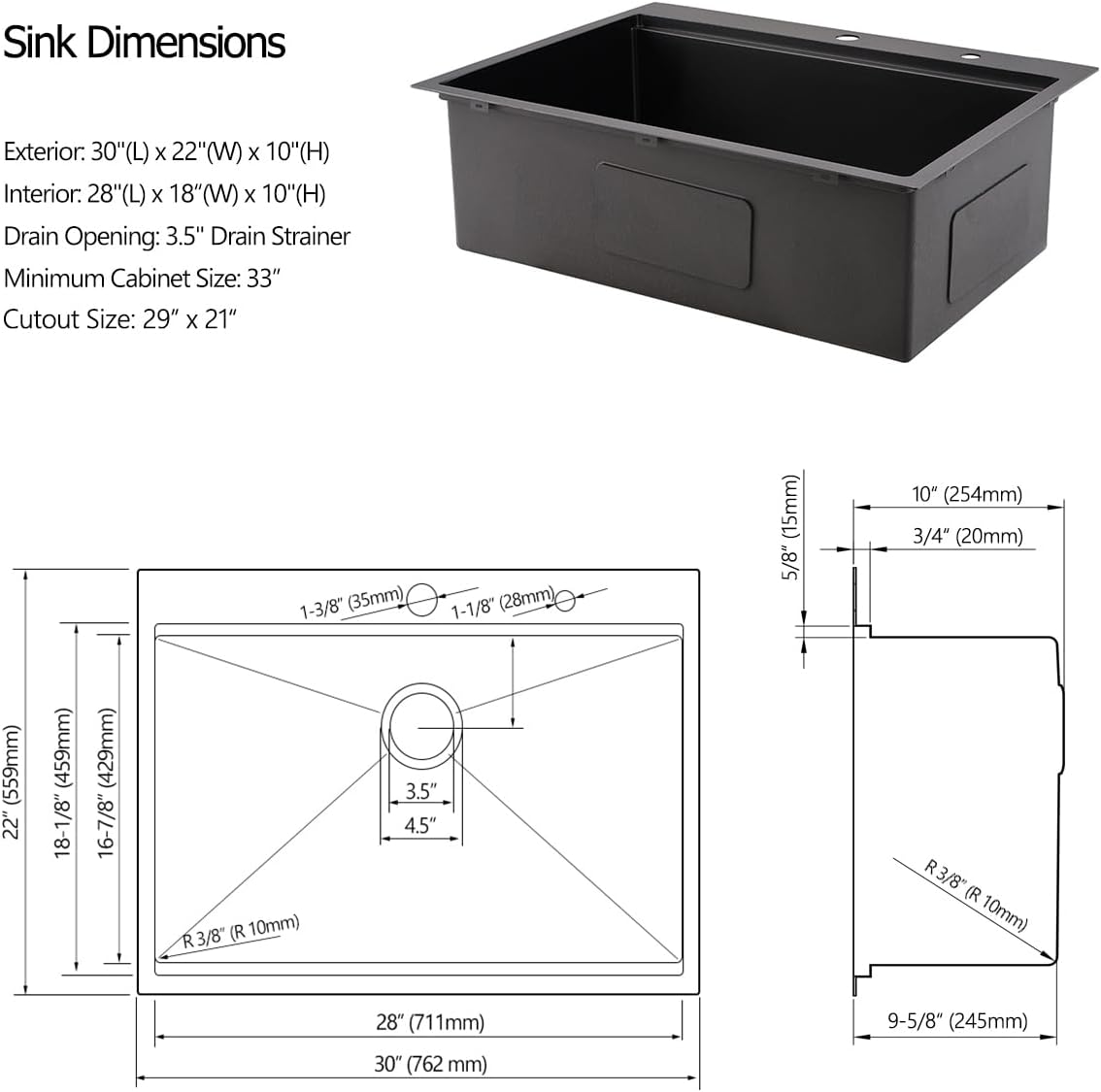 15 Drop In Black Kitchen Bar Sink, 15x20x10 Inches 16 Gauge Gunmetal Black Stainless Steel Drop In Workstation Topmount Small Kitchen Sink