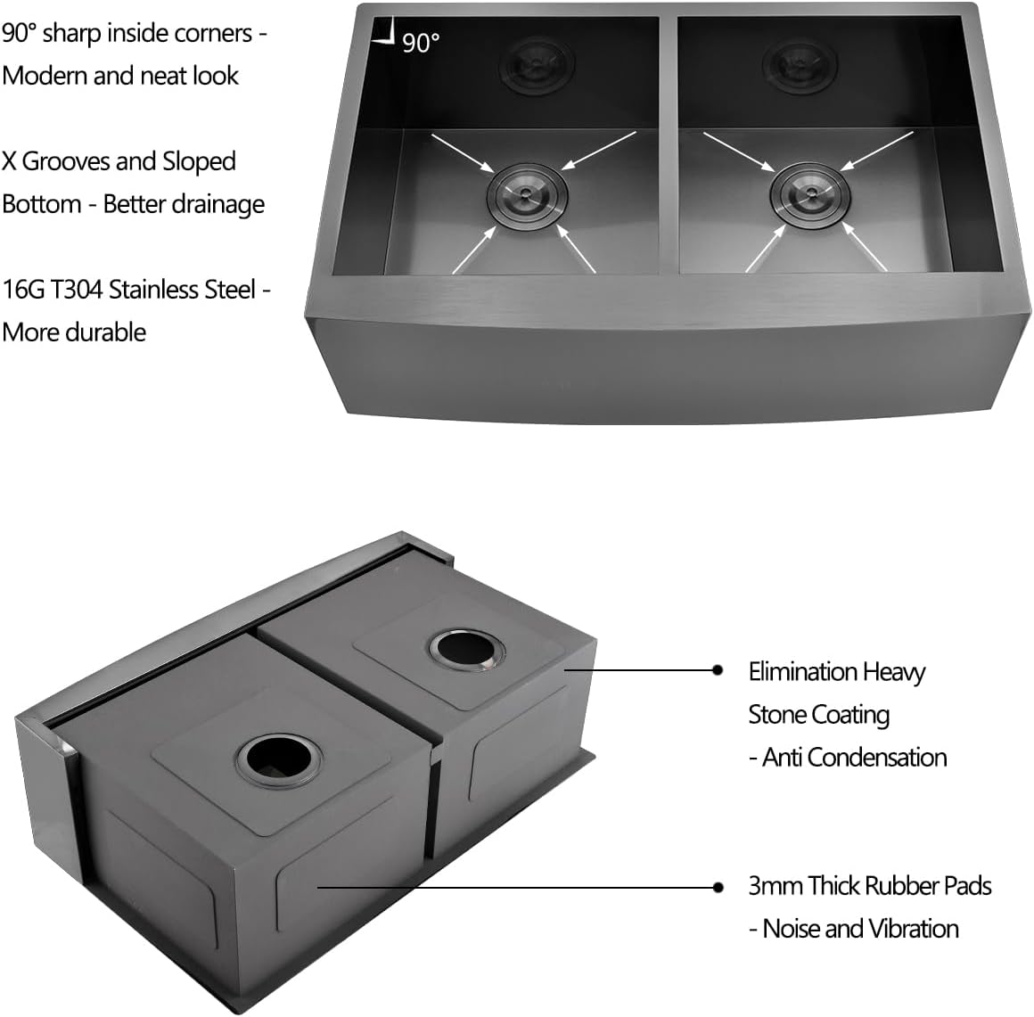 33 Inch Gunmetal Black Undermount Double Bowl Kitchen Farmhouse Sink, 16 Gauge Deep Gunmetal Black Stainless Steel 33x20 Undermount Double Bowl Kitchen Sink with Apron Front
