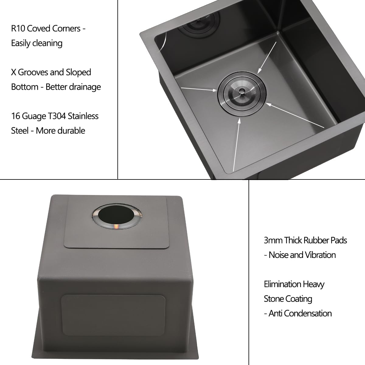 15x17 Black Undermount Kitchen Bar Sink, 16 Gauge Deep Gunmetal Black Stainless Steel Undermount Small Kitchen Sink