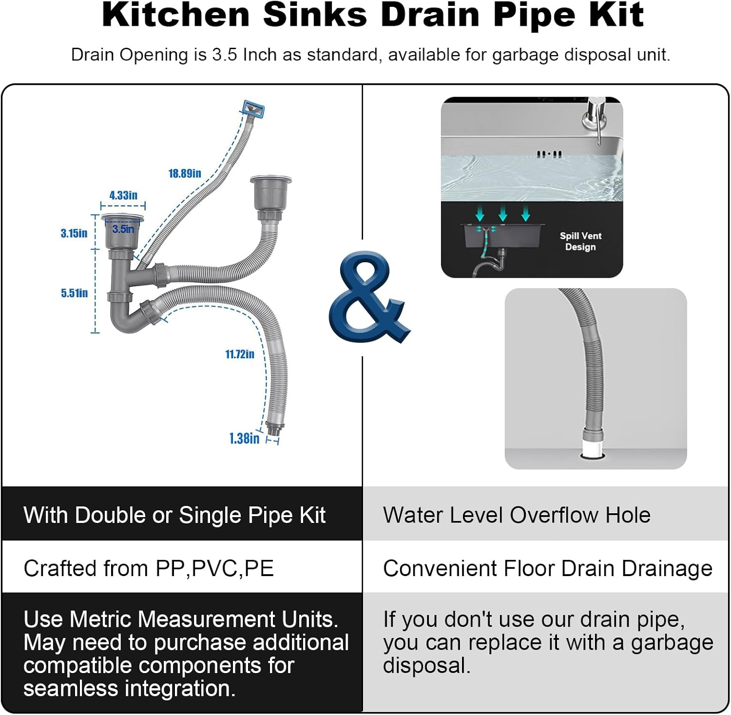 T-304 Modern Nano-Coated 30.7x16.9 Inch Stainless Steel Kitchen Sink, Drop in & Top mount Double Bowl Sinks with Drainage Pipes and Fruit Baskets