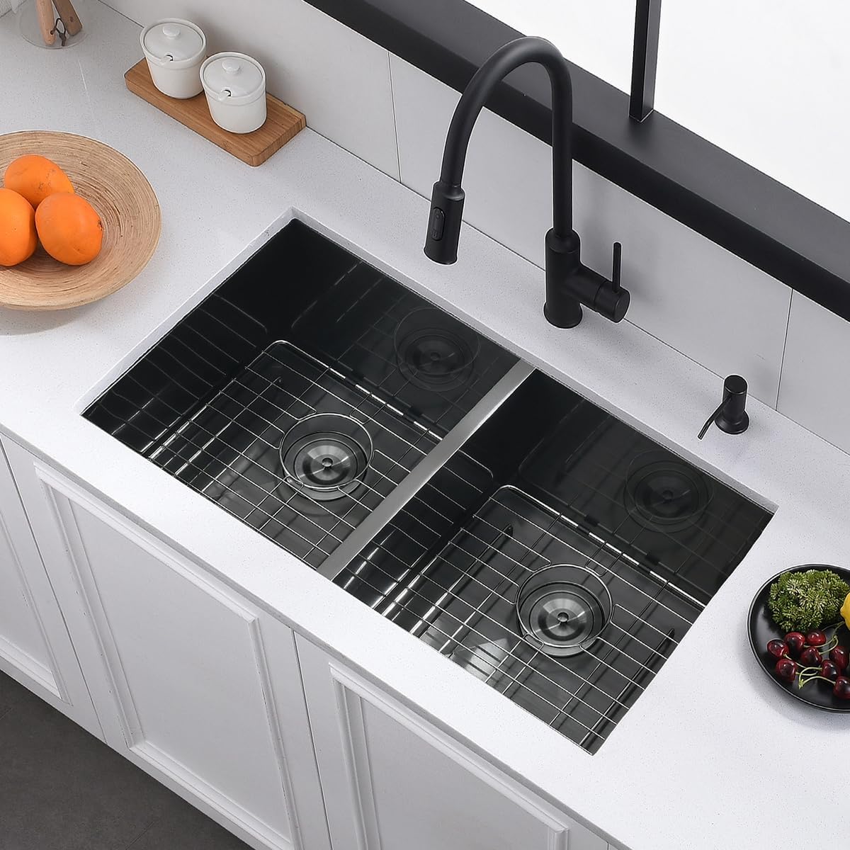 30 Black Stainless Steel Undermount Double Bowl Kitchen Sink, 30x20x9.8 Inch Nano Back Stainless Steel Undermount Double Bowl Kitchen Sink with Accessories