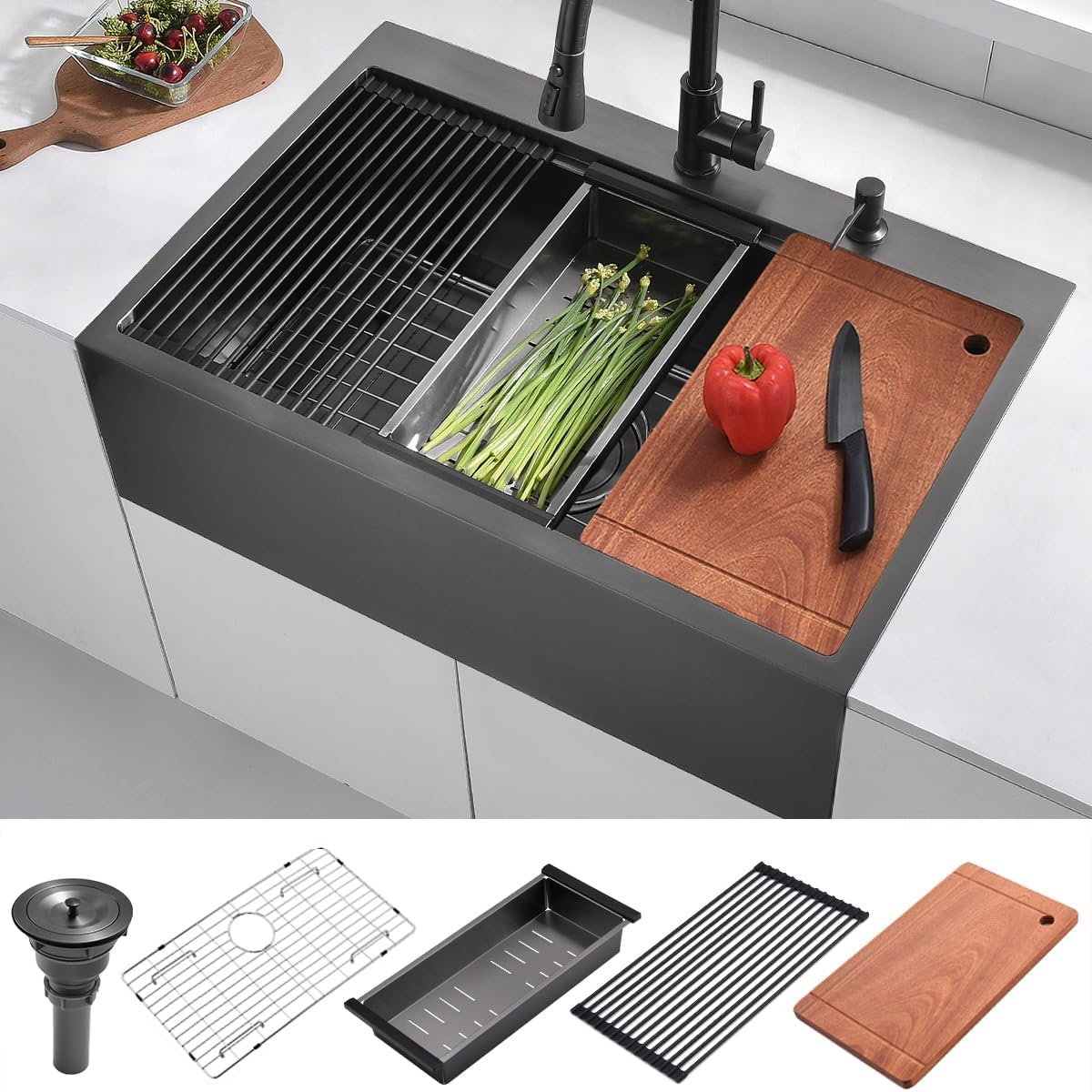 33 Gunmetal Black Drop In Kitchen Farmhouse Sink, 16 Gauge 33x22 Black Stainless Steel Drop in Top mount Workstation Farmhouse Kitchen Sink with Apron Front