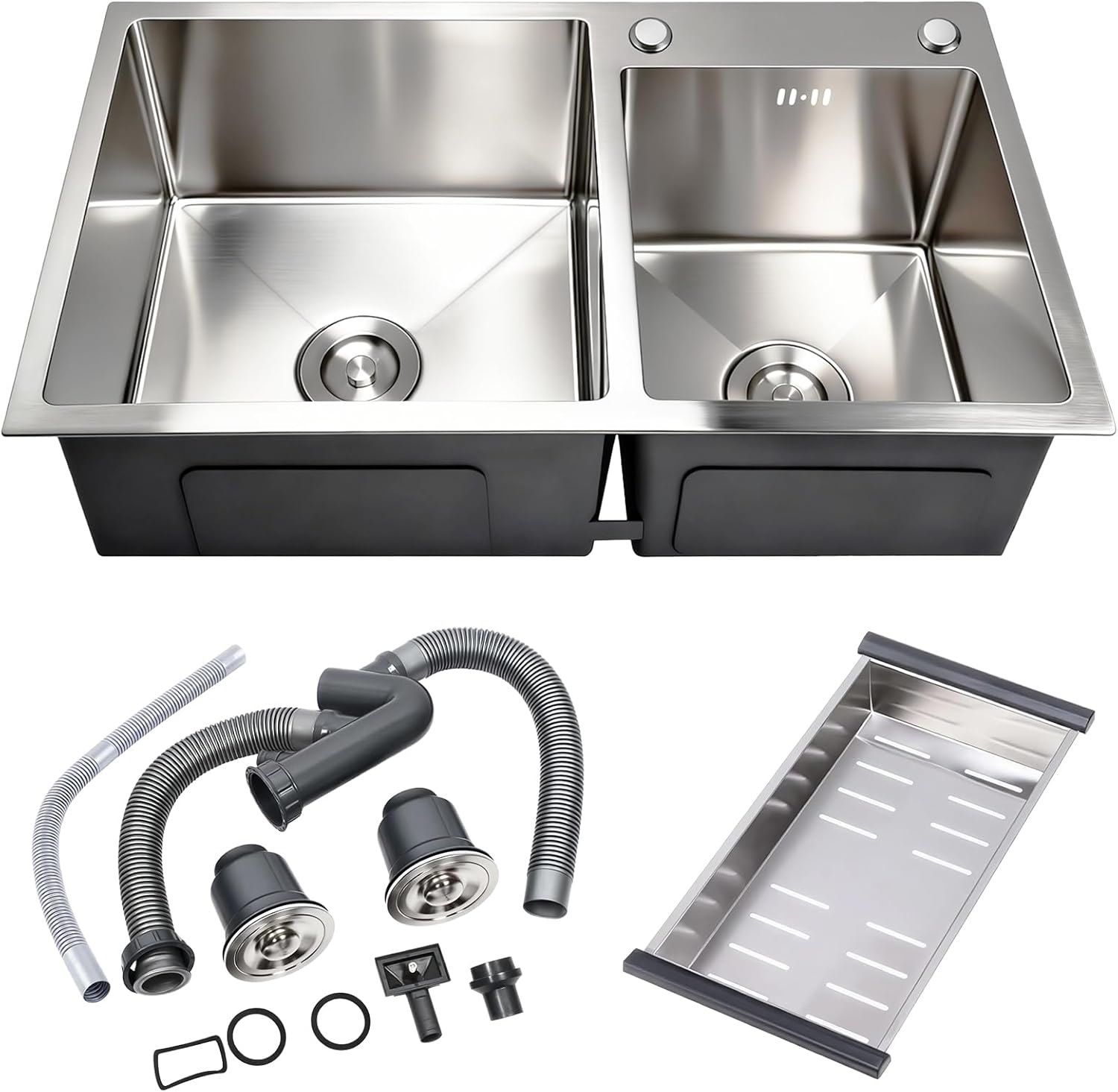 T-304 Modern Nano-Coated 30.7x16.9 Inch Stainless Steel Kitchen Sink, Drop in & Top mount Double Bowl Sinks with Drainage Pipes and Fruit Baskets