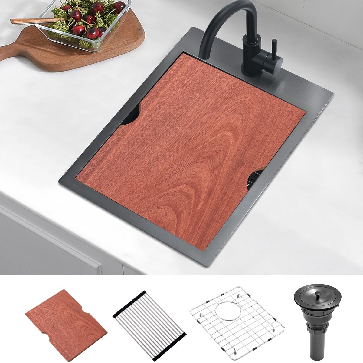 15 Black Drop In Kitchen Bar Sink, 15” x 20” x 10” Nano Black Stainless Steel Drop In Workstation Small Kitchen Outdoor Sink