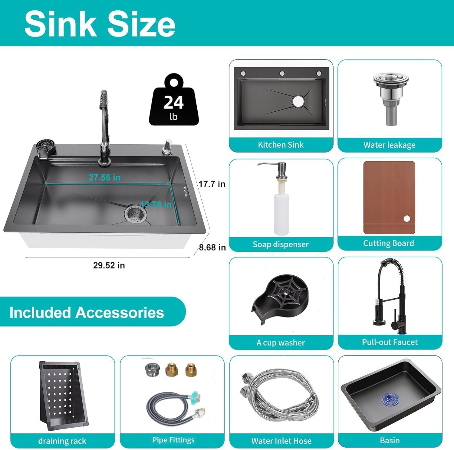 29.5 x 17.7 inch Kitchen Sink, Single Bowl Stainless Steel Sink Multifunctional Drop In Sink with Pull-Down Faucet and Multiple Accessories