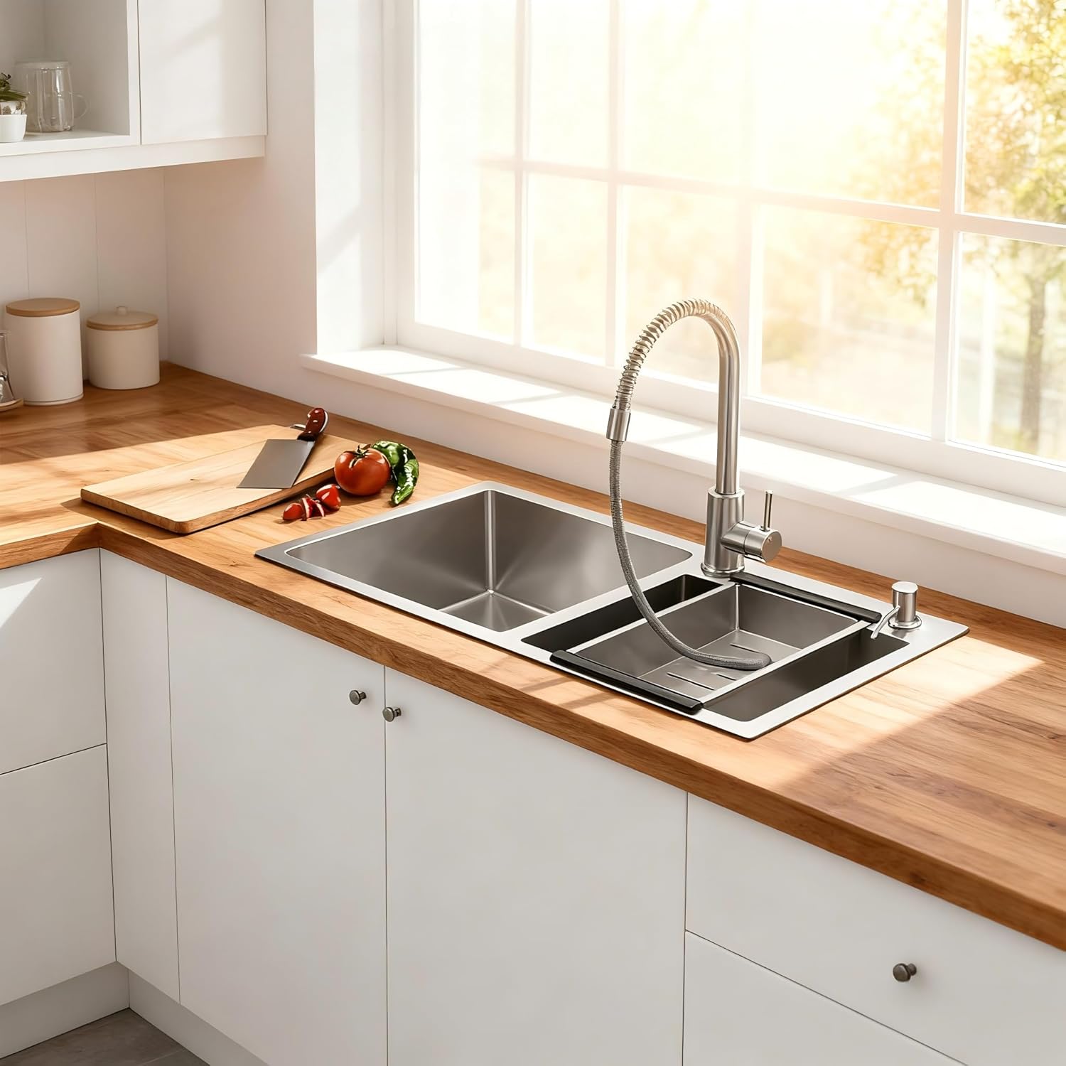 T-304 Modern Nano-Coated 30.7x16.9 Inch Stainless Steel Kitchen Sink, Drop in & Top mount Double Bowl Sinks with Drainage Pipes and Fruit Baskets