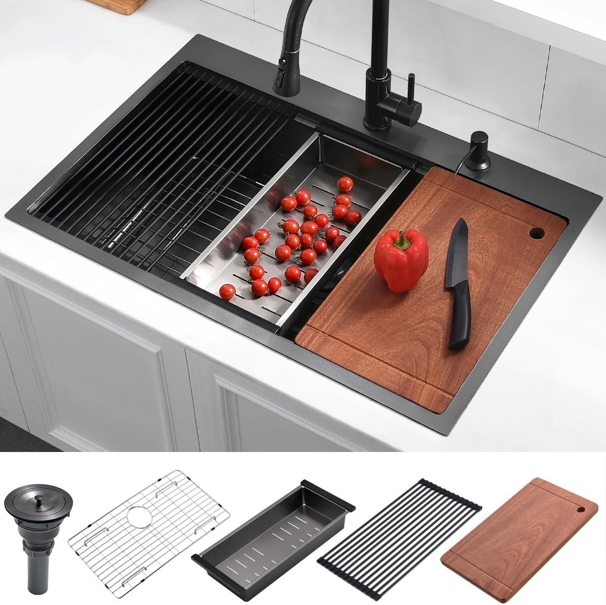 15 Drop In Black Kitchen Bar Sink, 15x20x10 Inches 16 Gauge Gunmetal Black Stainless Steel Drop In Workstation Topmount Small Kitchen Sink