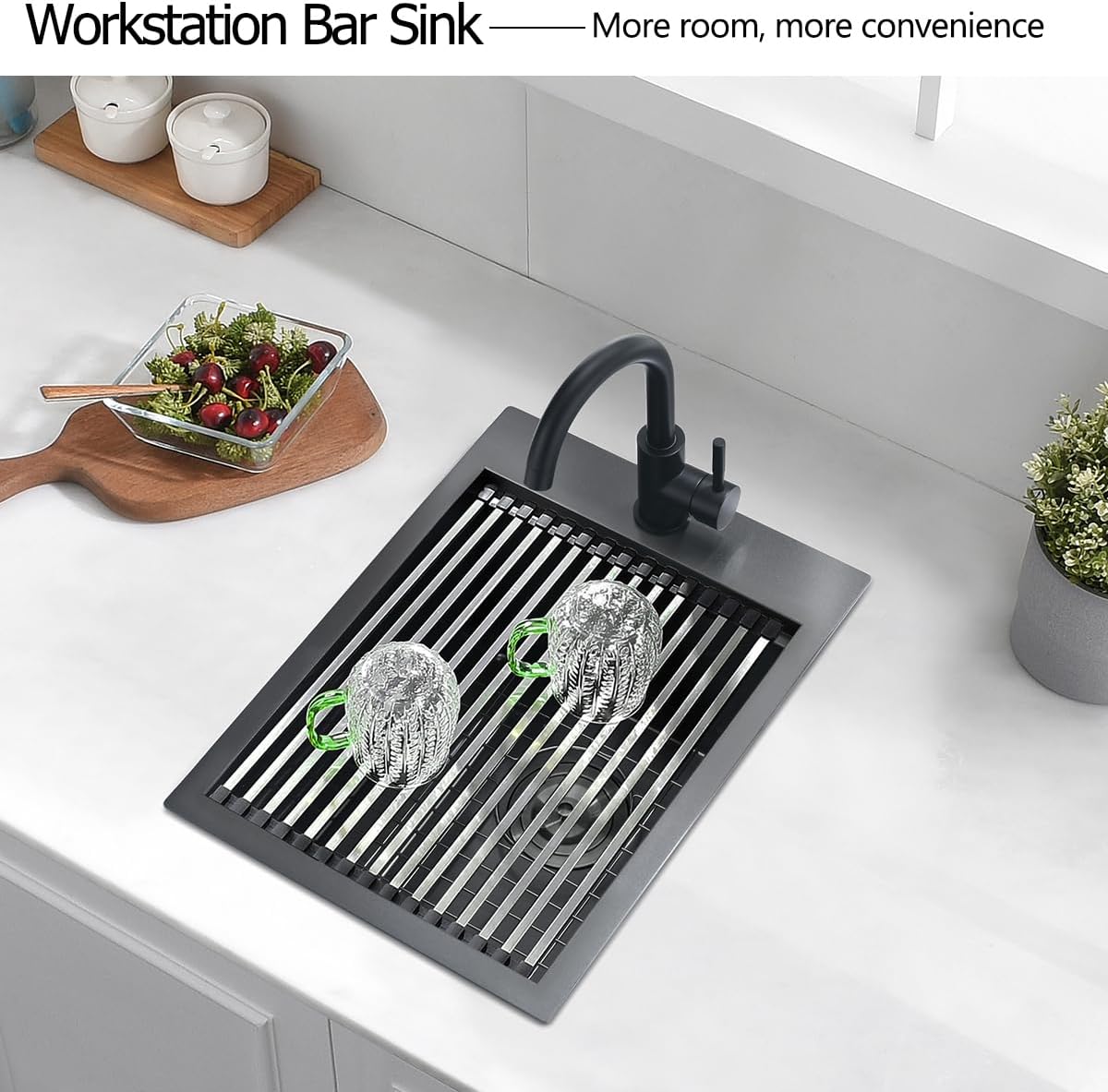 15 Black Drop In Kitchen Bar Sink, 15” x 20” x 10” Nano Black Stainless Steel Drop In Workstation Small Kitchen Outdoor Sink