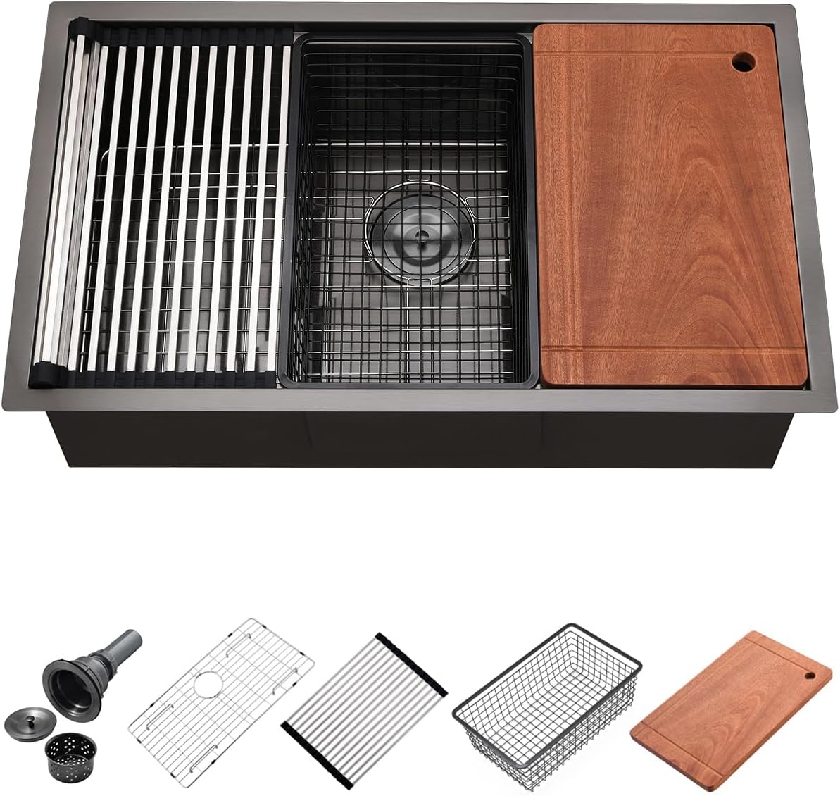 32 Black Undermount Workstation Kitchen Sink, 32x19 Inches 16 Gauge Gunmetal Black Stainless Steel Undermount Workstation Kitchen Sink