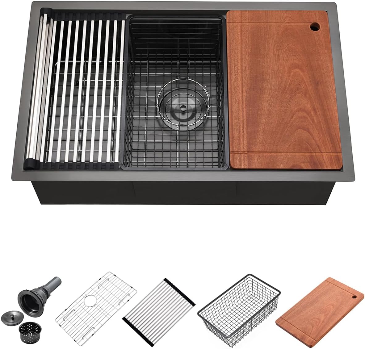 30 Black Stainless Steel Undermount Kitchen Sink, 30x19x10 Inches Black Stainless Steel Undermount Workstation Kitchen Sink with Accessories