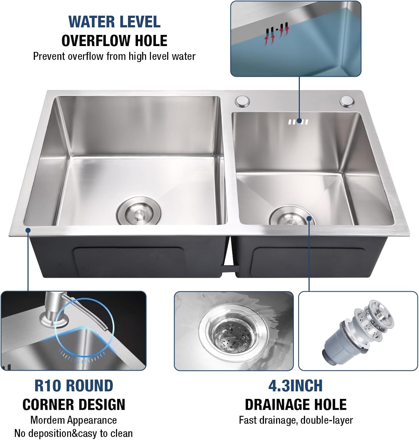 T-304 Modern Nano-Coated 30.7x16.9 Inch Stainless Steel Kitchen Sink, Drop in & Top mount Double Bowl Sinks with Drainage Pipes and Fruit Baskets