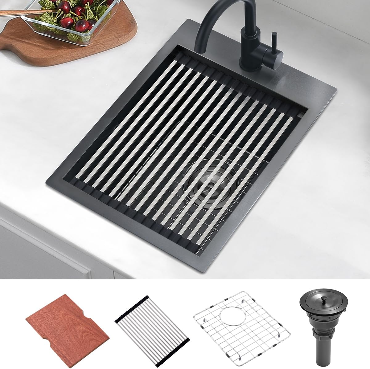 15 Drop In Black Kitchen Bar Sink, 15x20x10 Inches 16 Gauge Gunmetal Black Stainless Steel Drop In Workstation Topmount Small Kitchen Sink