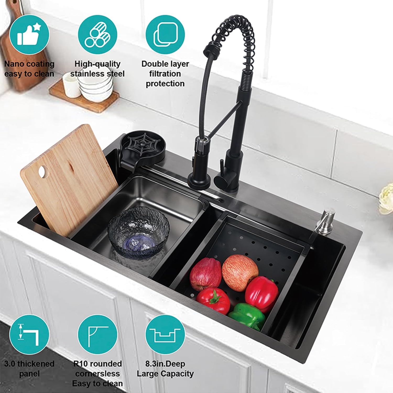 29.5 * 17.7 inch Kitchen Sink, Single Bowl Stainless Steel Sink Multifunctional Drop In Sink with Pull-Down Faucet and Multiple Accessories