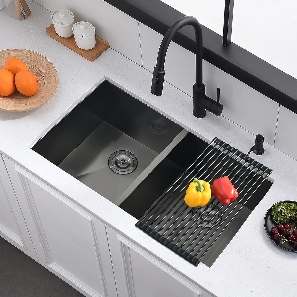 30 Black Stainless Steel Undermount Double Bowl Kitchen Sink, 30x20x9.8 Inch Nano Back Stainless Steel Undermount Double Bowl Kitchen Sink with Accessories