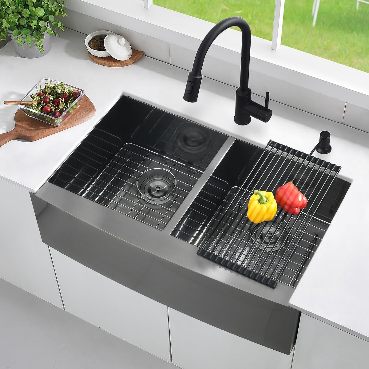 33 Inch Gunmetal Black Undermount Double Bowl Kitchen Farmhouse Sink, 16 Gauge Deep Gunmetal Black Stainless Steel 33x20 Undermount Double Bowl Kitchen Sink with Apron Front
