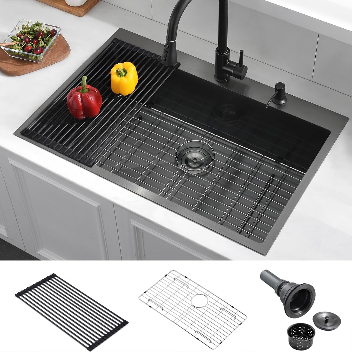 33 Black Drop in Kitchen Sink, 33x22x10 Inches 16 Gauge Stainless Steel Nano Black Topmount Drop in Kitchen Sink