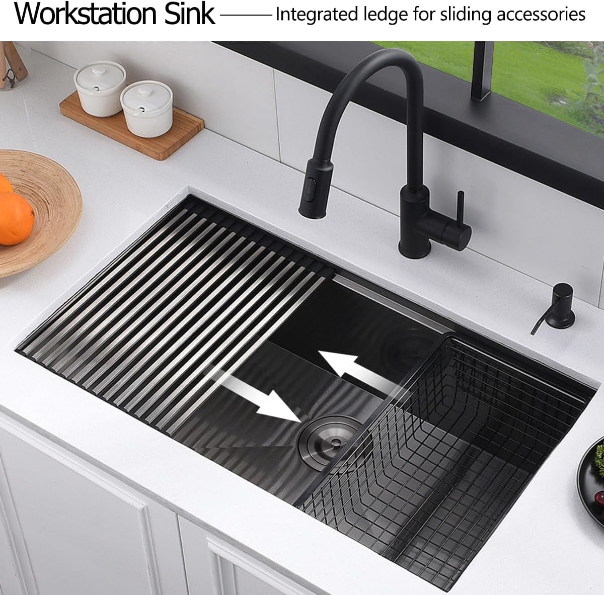 32 Black Undermount Workstation Kitchen Sink, 32x19 Inches 16 Gauge Gunmetal Black Stainless Steel Undermount Workstation Kitchen Sink