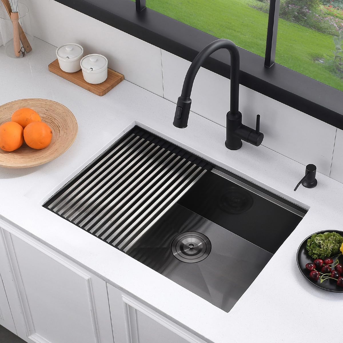 27 Inch Black Stainless Steel Undermount Kitchen Sink, 27x19x10 Inches 16 Gauge Deep Black Stainless Steel Undermount Workstation Kitchen Sink