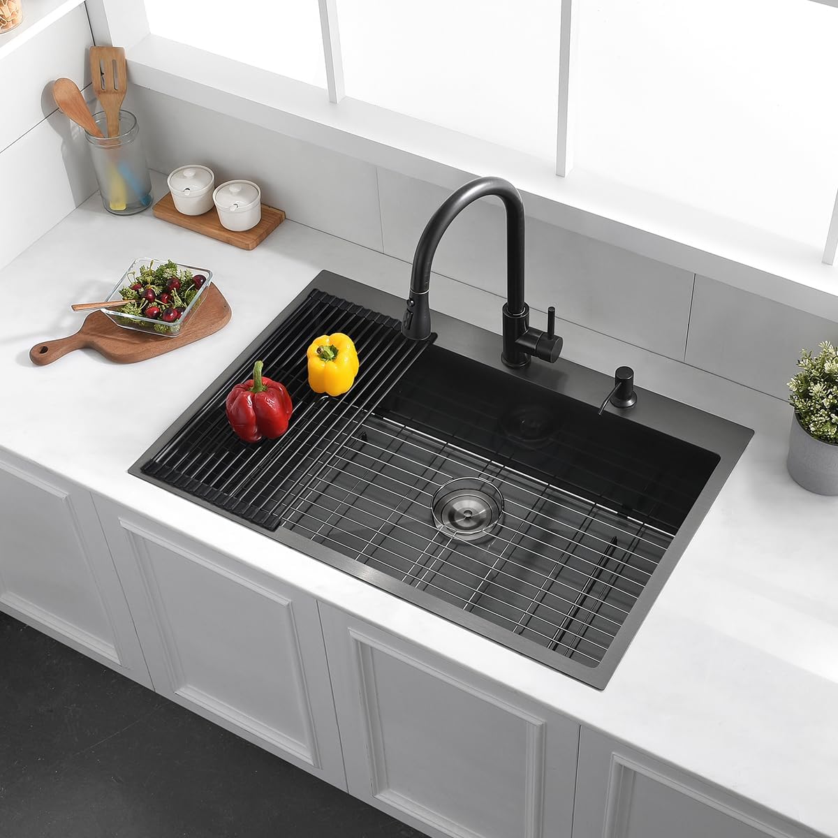 33 Black Drop in Kitchen Sink, 33x22x10 Inches 16 Gauge Stainless Steel Nano Black Topmount Drop in Kitchen Sink