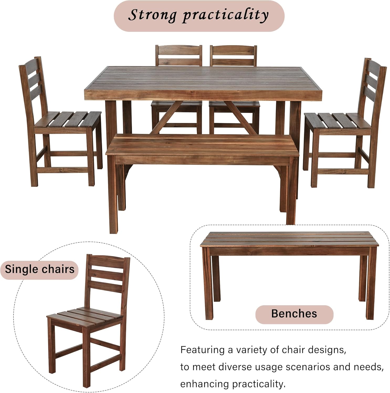 Acacia Wood 6 Pieces Patio Dining Set, Brown