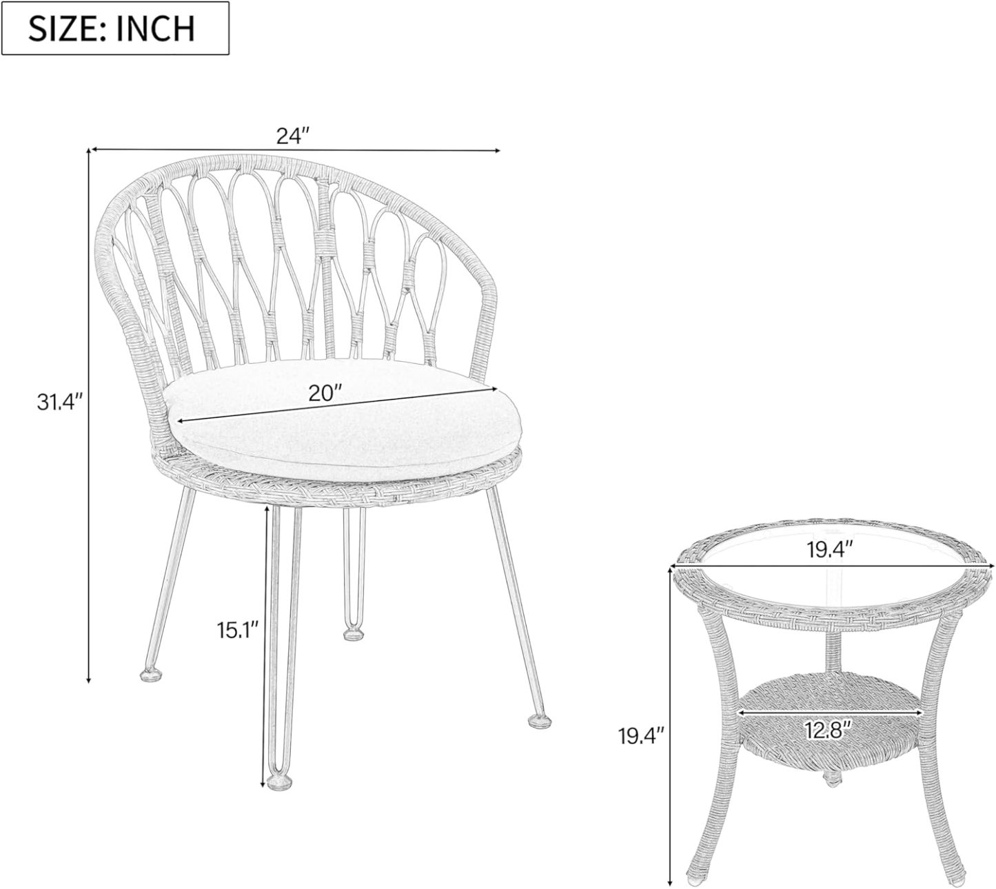 3 Piece Patio Bistro Set, Brown+Gray