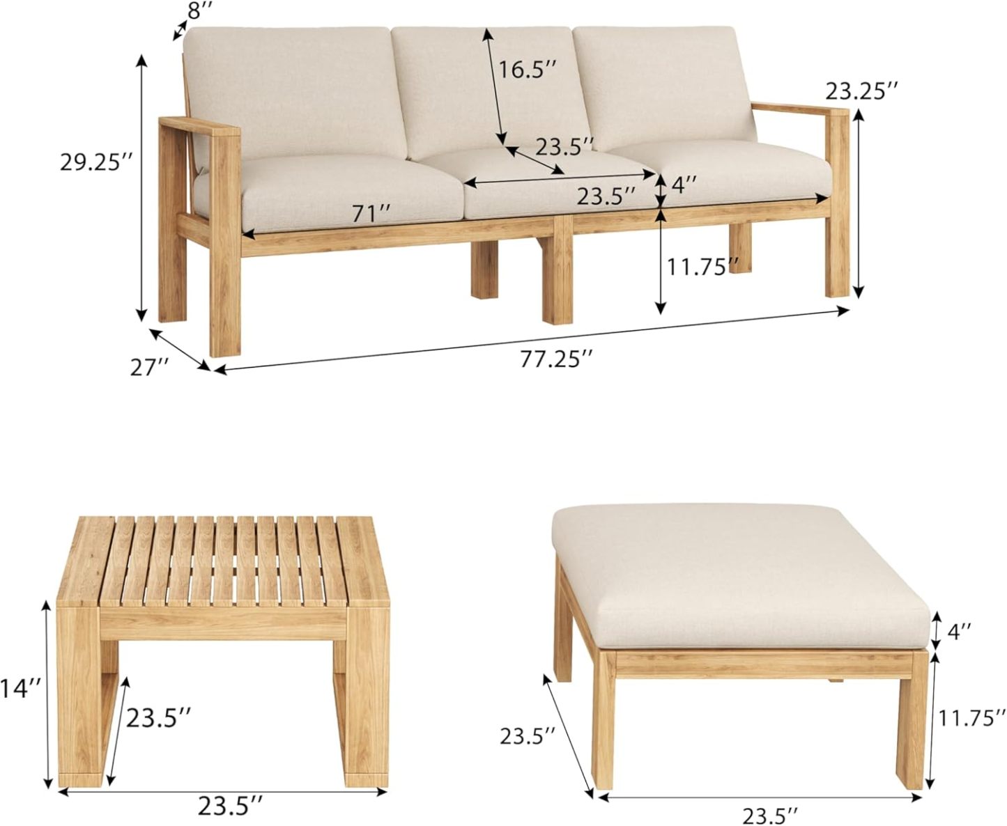 Outdoor 3pcs Sectional Patio Sofa Set, Teak