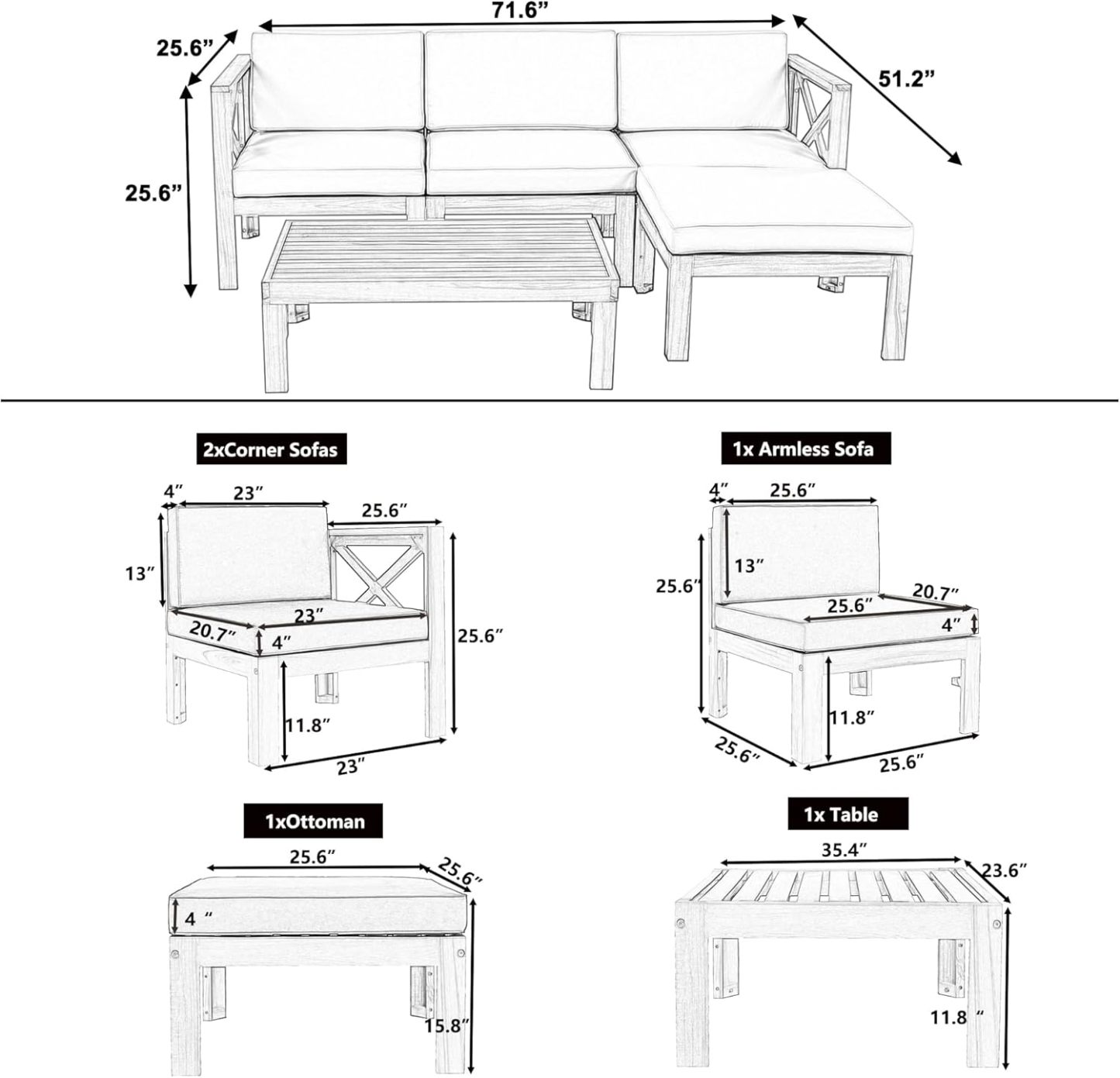 Patio Wood 5-Piece Sectional Sofa Natural Finish+ Gray Cushionsc