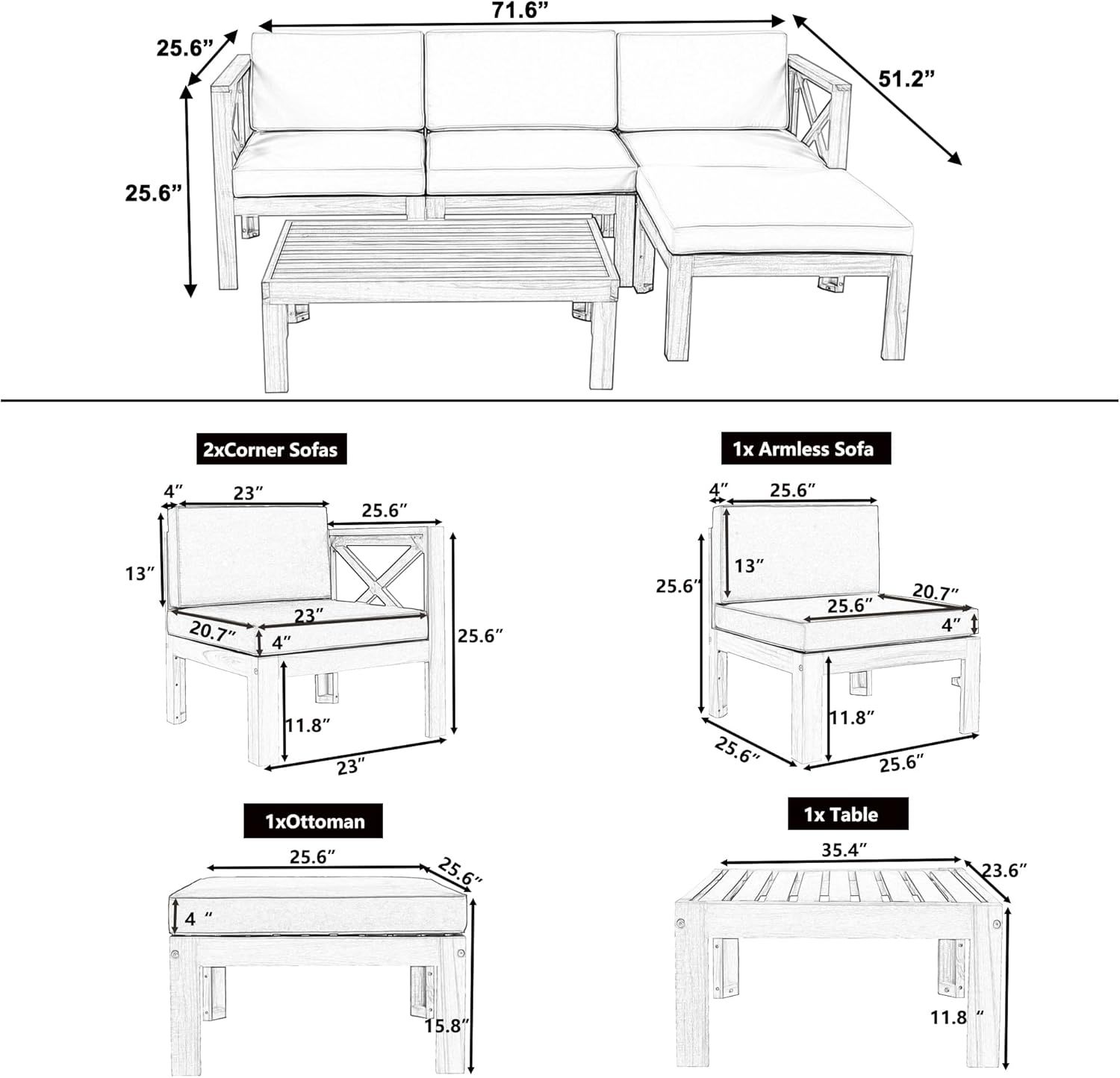 Patio Wood 5-Piece Sectional Sofa Natural Finish+ Gray Cushionsc