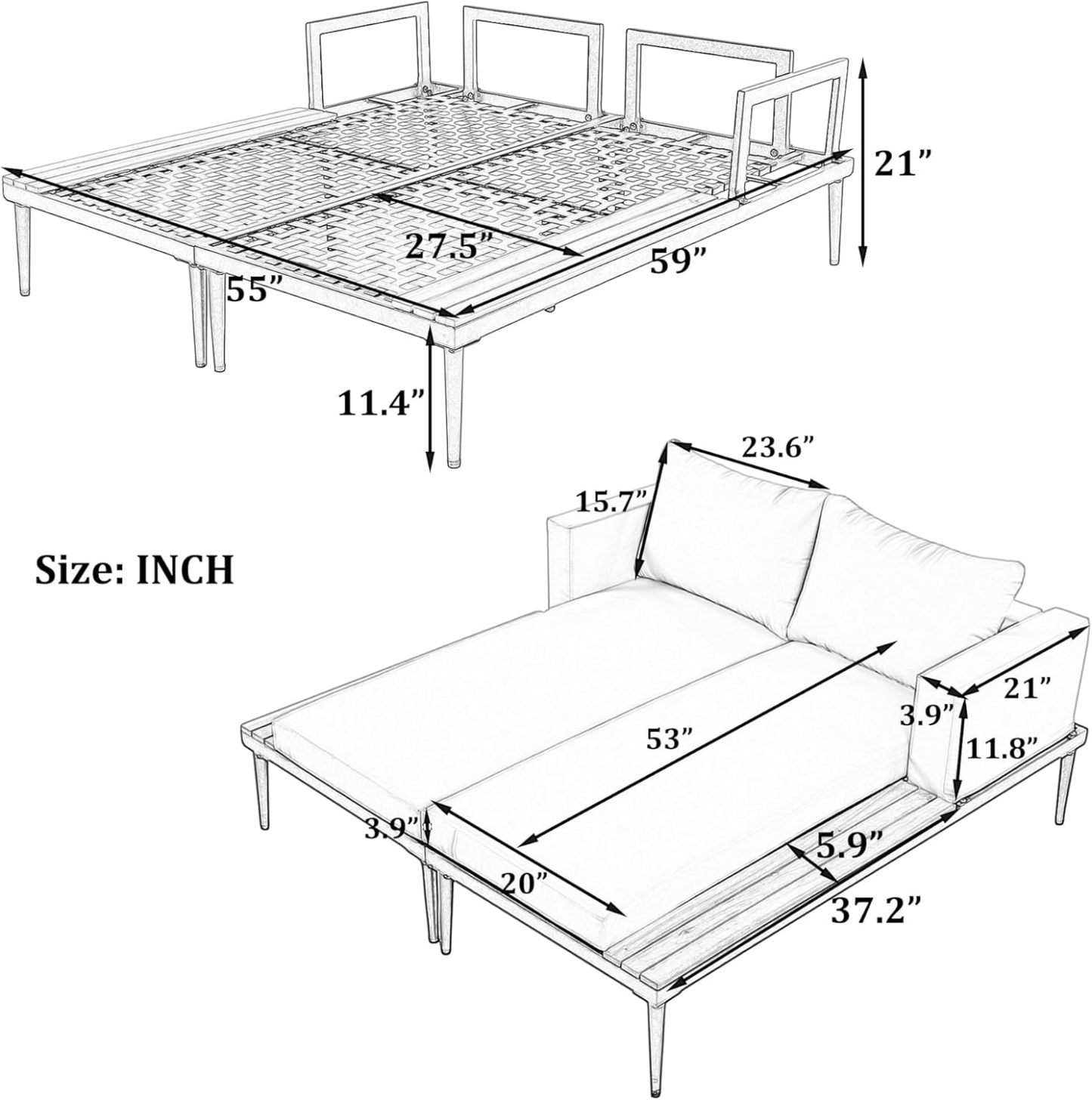 Modern Outdoor Daybed, Patio Metal Daybed with Wood Topped Side Spaces for Drinks, Beige