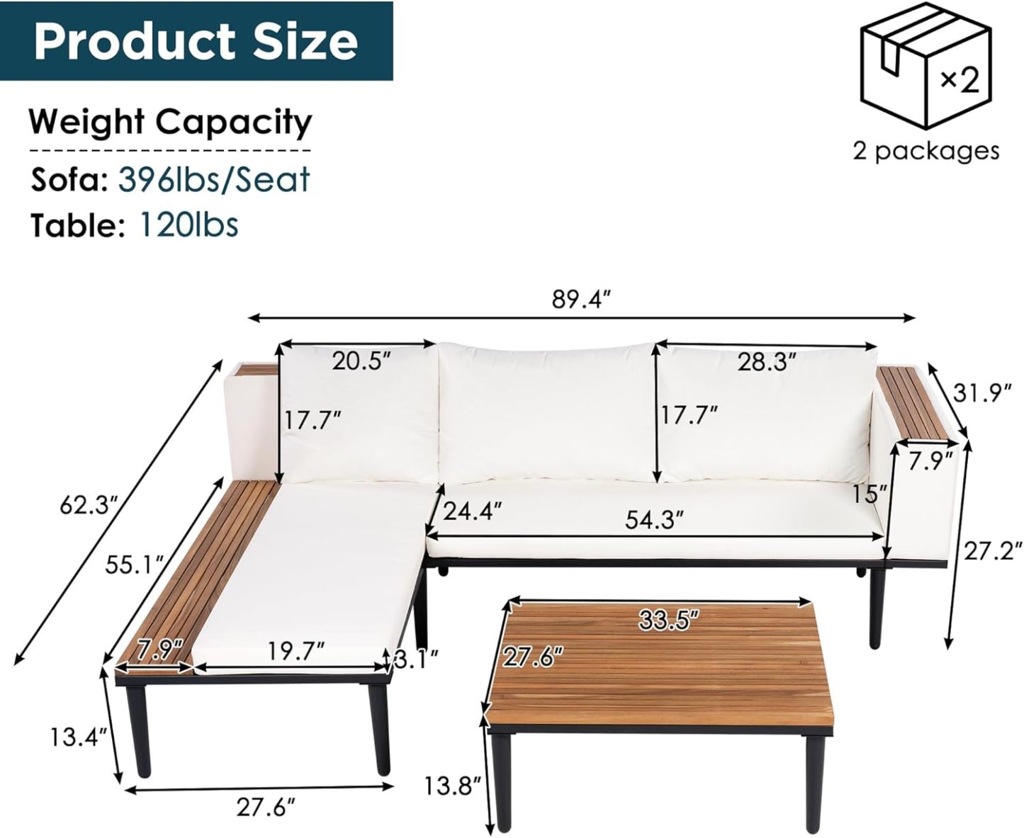 Patio Furniture Set with Removable Cushions and Coffee Table, Beige