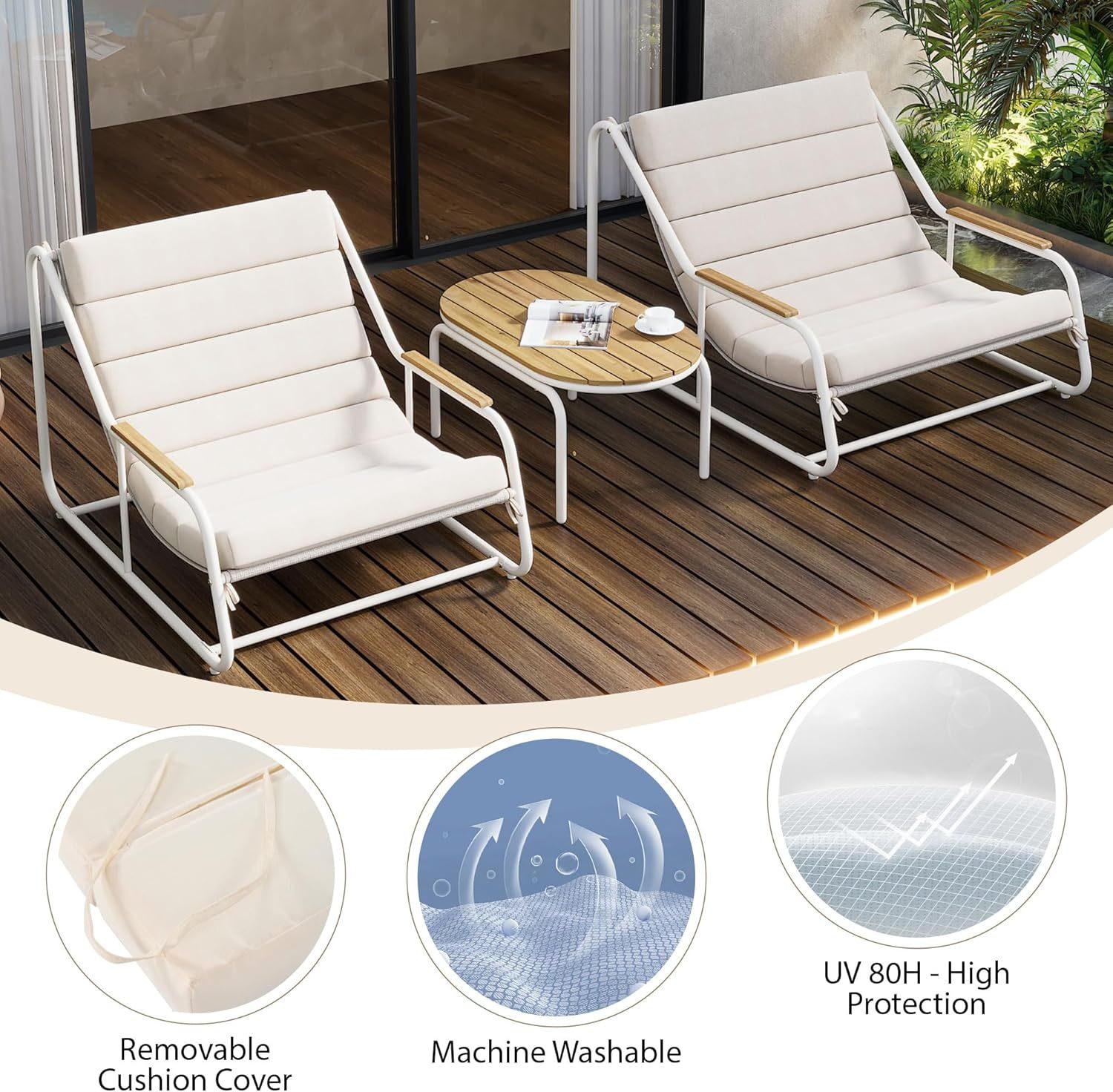 Outdoor Chaise Lounge Chairs Set of 3 Beige+White