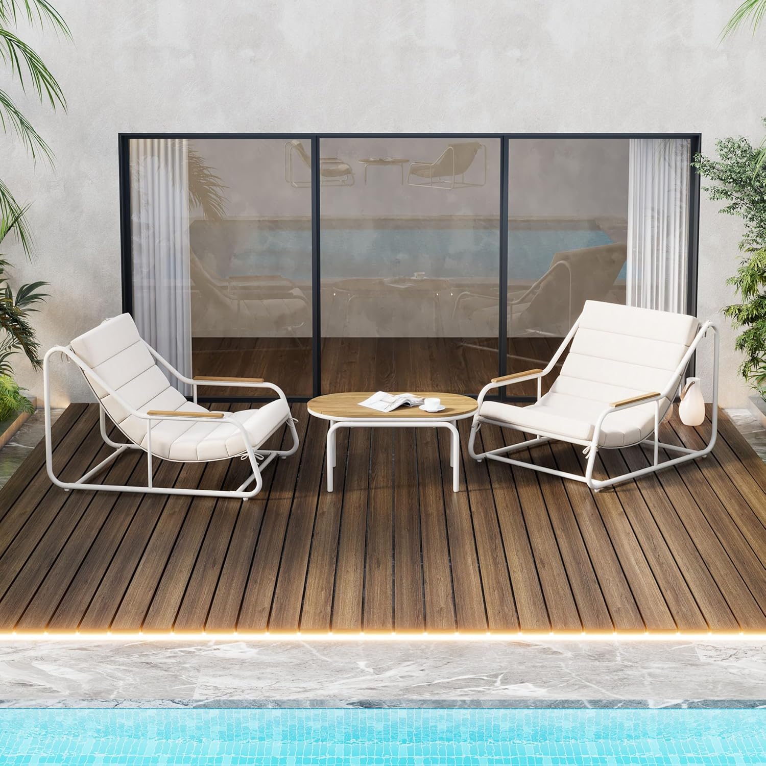 Outdoor Chaise Lounge Chairs Set of 3 Beige+White
