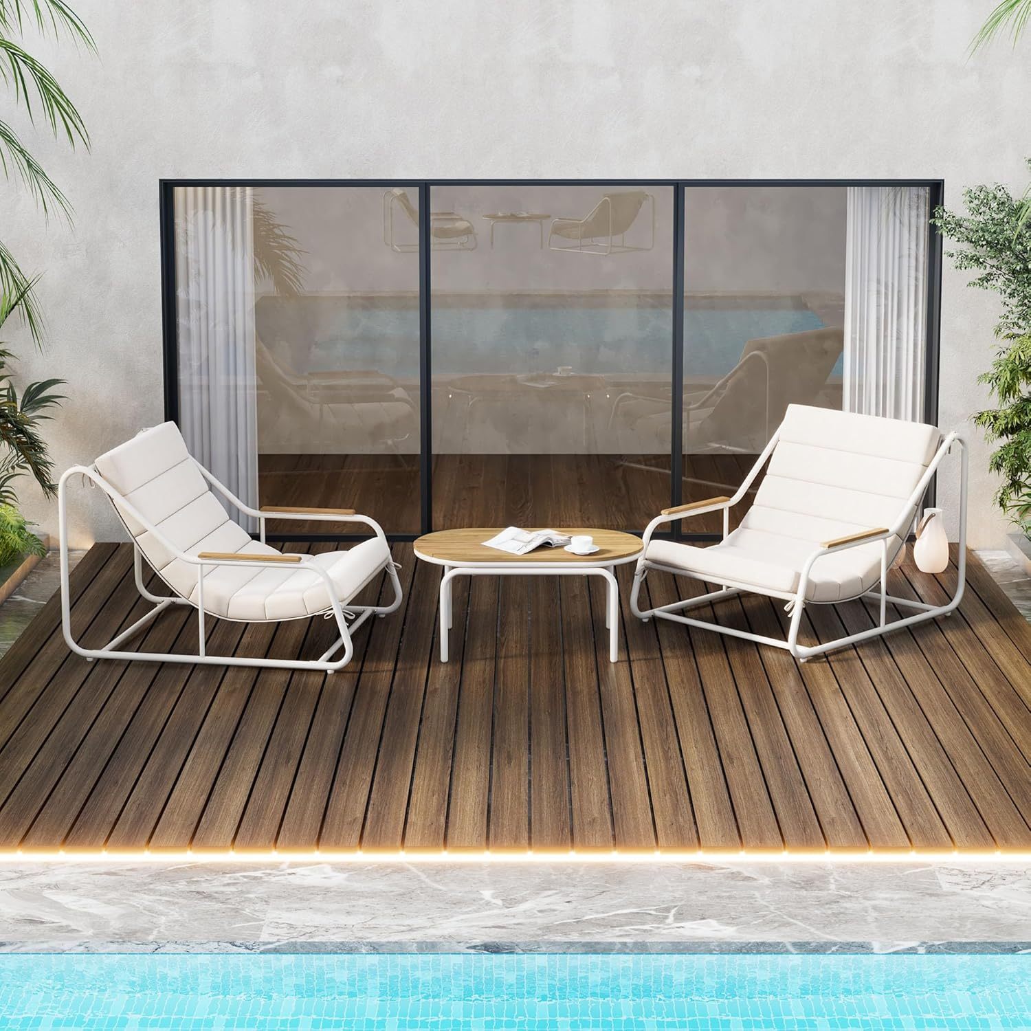 Outdoor Chaise Lounge Chairs Set of 3 Beige+White