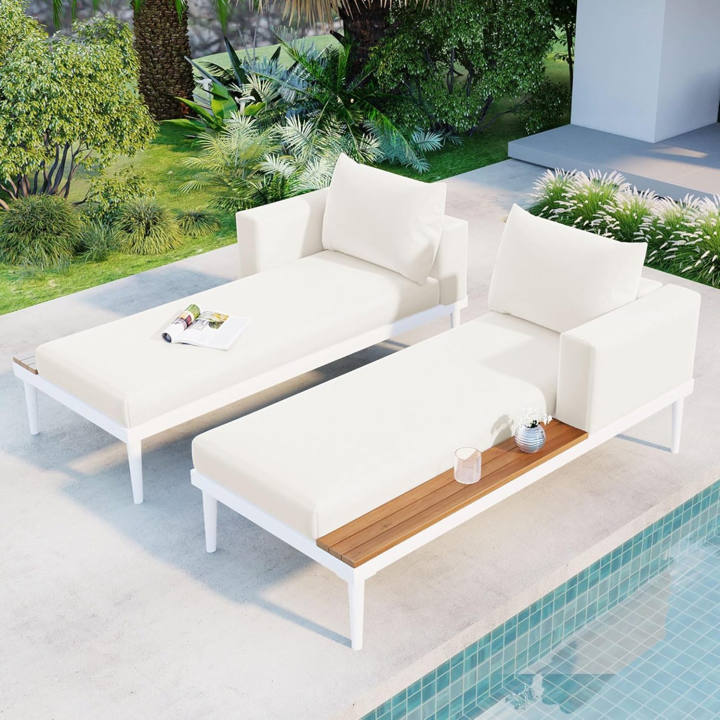 Modern Outdoor Daybed, Patio Metal Daybed with Wood Topped Side Spaces for Drinks, Beige