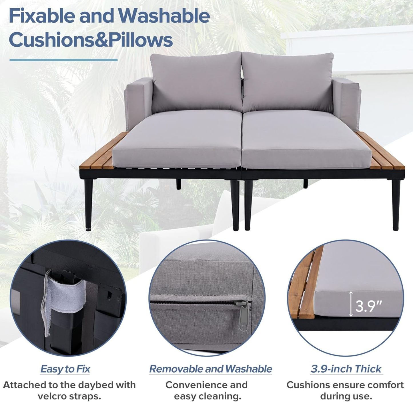 Modern Outdoor Daybed, Patio Metal Daybed with Wood Topped Side Spaces for Drinks, Gray