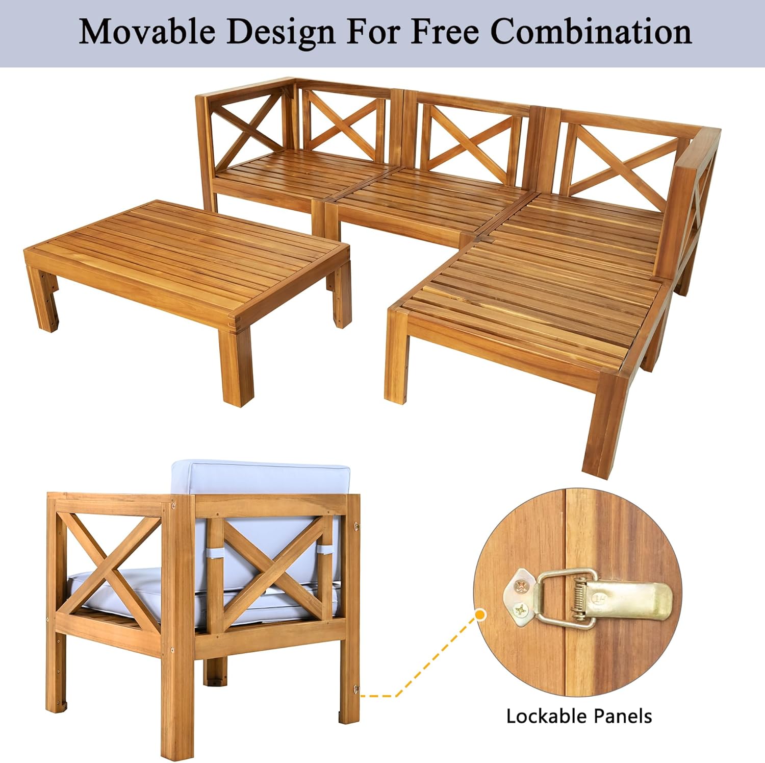 Patio Wood 5-Piece Sectional Sofa Natural Finish+ Gray Cushionsc