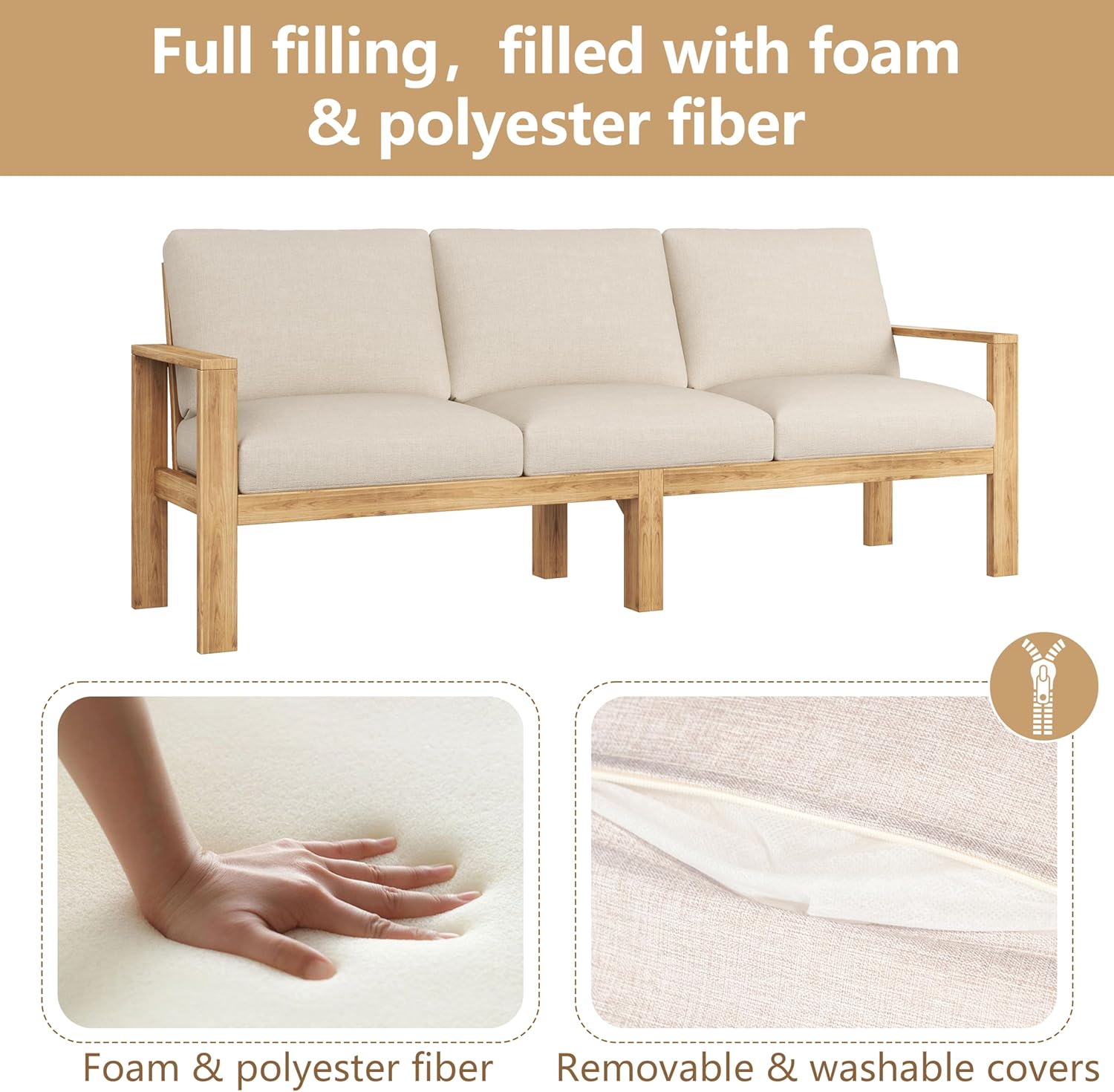 Outdoor 3pcs Sectional Patio Sofa Set, Teak