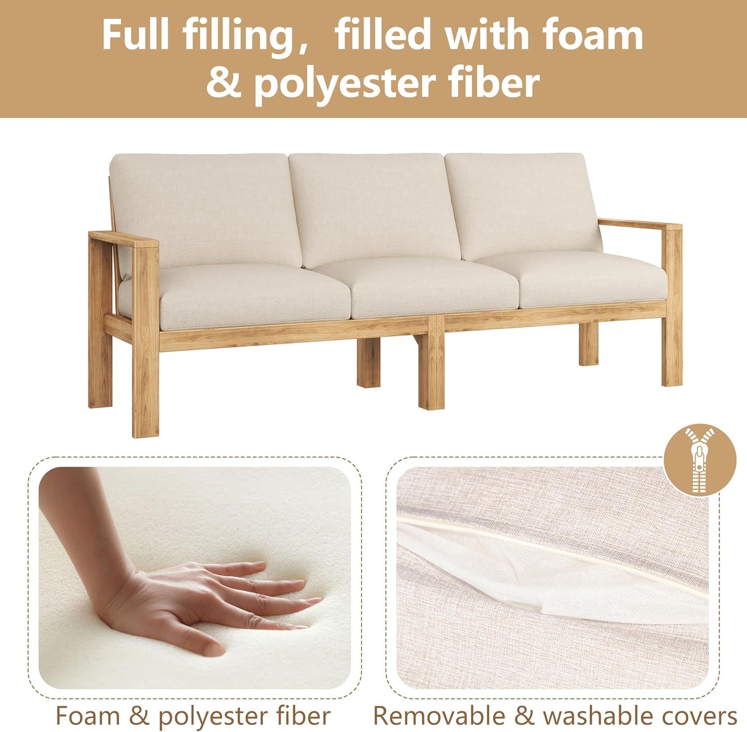 Outdoor 3pcs Sectional Patio Sofa Set, Teak