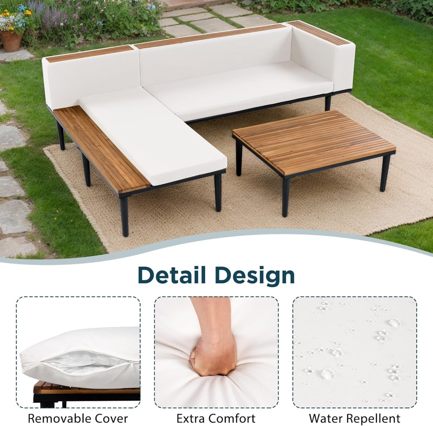 Patio Furniture Set with Removable Cushions and Coffee Table, Beige