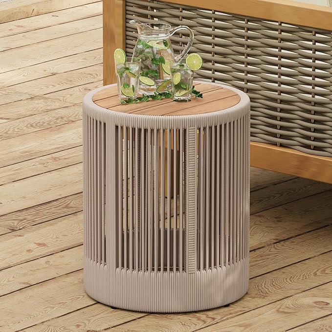 Outdoor Rattan Rope & Acacia Wood Coffee Table, Rope Beige, Natural Iron