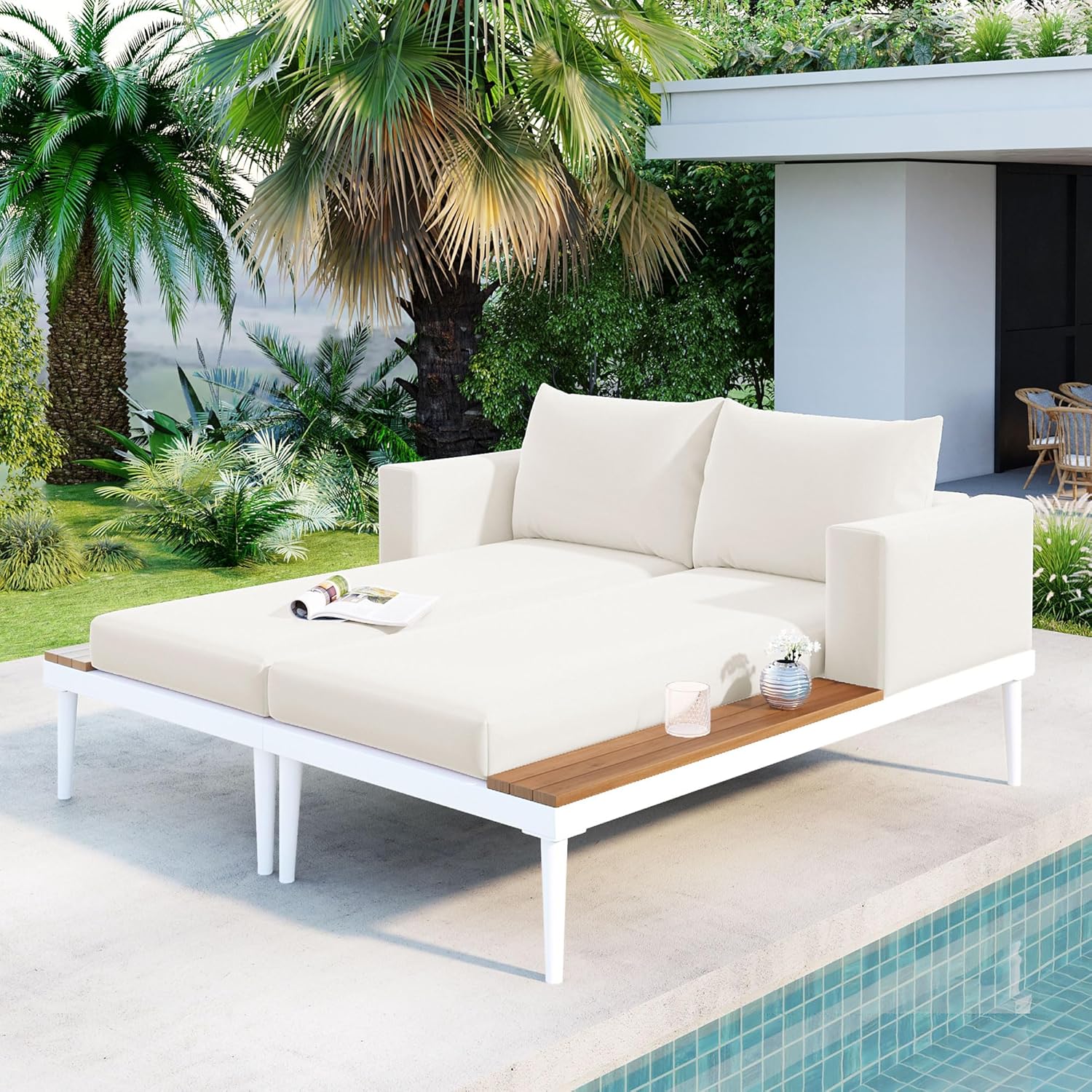 Modern Outdoor Daybed, Patio Metal Daybed with Wood Topped Side Spaces for Drinks, Beige