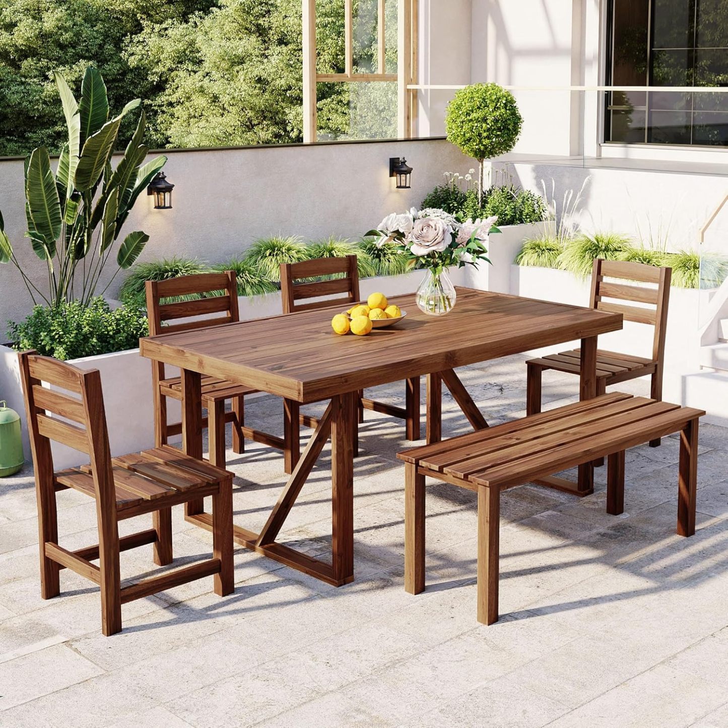 Acacia Wood 6 Pieces Patio Dining Set, Brown