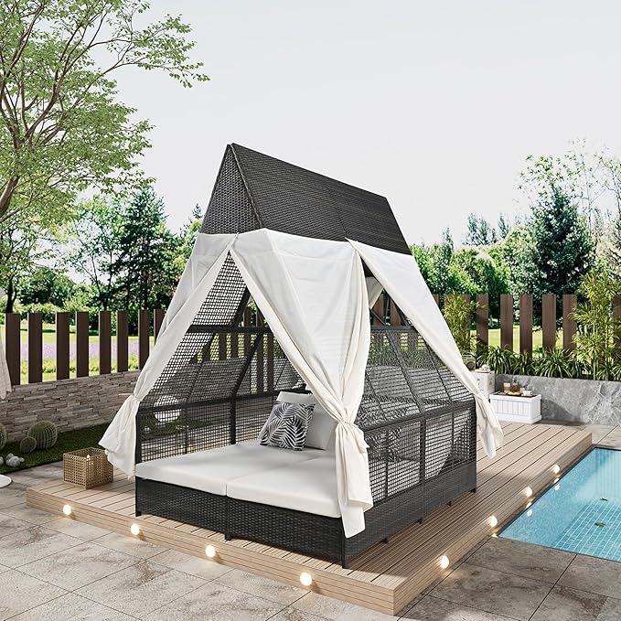 Outdoor Daybed Patio, Lounge Bed with Adjustable Backrest Cream