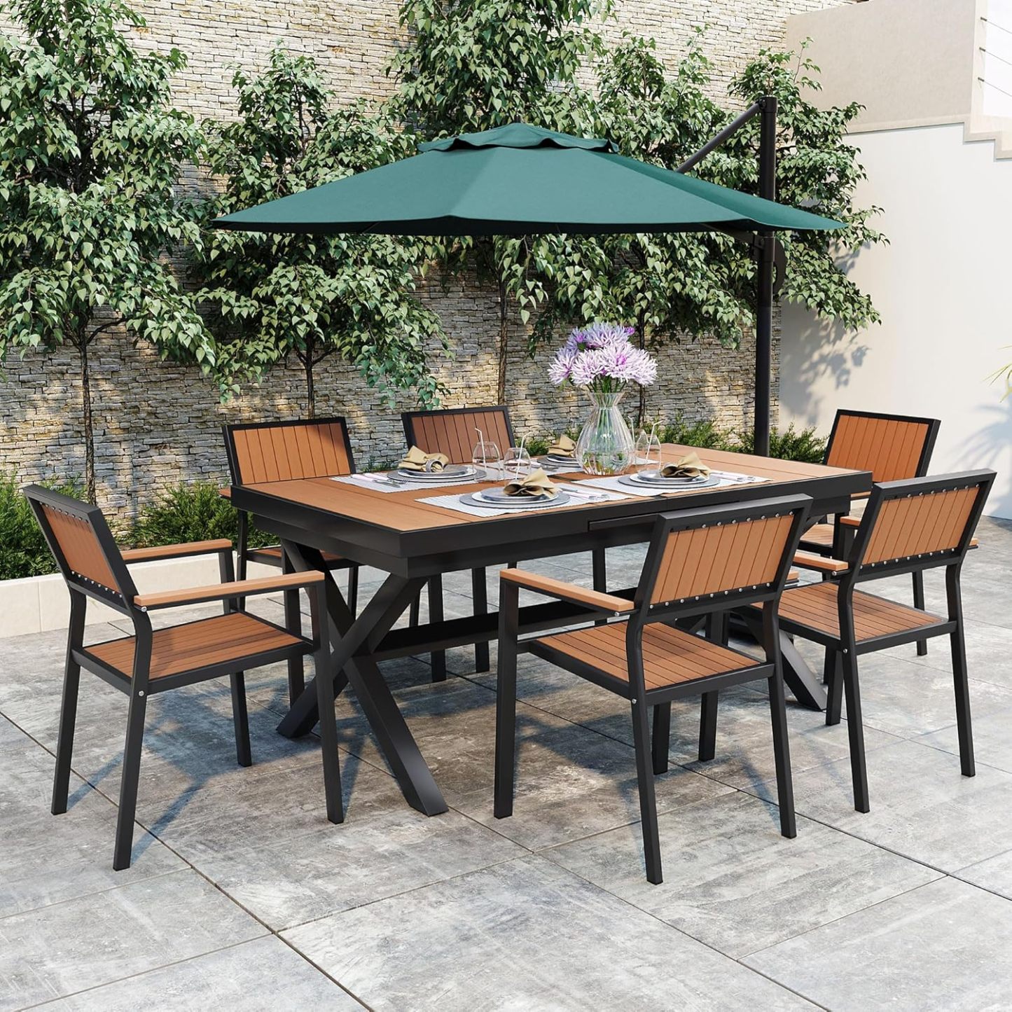 7 PCS Patio Dining Set for 6, Black+Natural